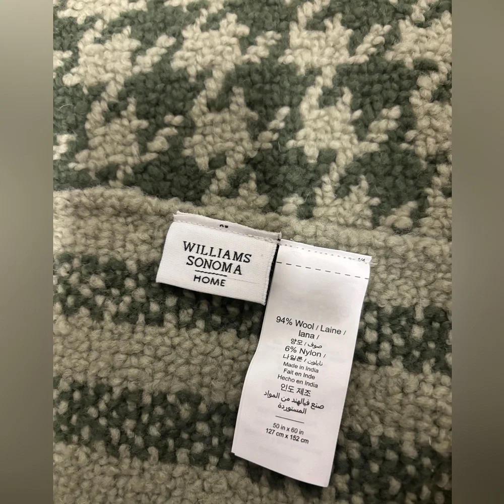 Williams Sonoma Wool Blend Green and Cream Textured Throw 60x50inch